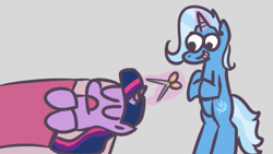 Size: 743x418 | Tagged: safe, artist:zoeyhorse, part of a set, trixie, twilight sparkle, pony, unicorn, g4, :p, bipedal, duo, duo female, female, glowing, glowing horn, horn, inconvenient trixie, mare, open mouth, part of a series, scissors, sleeping, tongue out