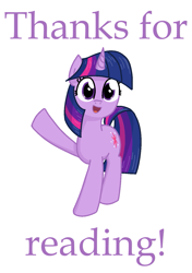 Size: 999x1422 | Tagged: safe, artist:purblehoers, twilight sparkle, pony, unicorn, g4, book, bookhorse, female, happy, horn, looking at you, mare, reading, simple background, smiling, solo, text, thanks, that pony sure does love books, unicorn twilight, waving, waving at you, white background