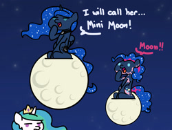 Size: 1800x1350 | Tagged: safe, artist:flutterluv, pinkie pie, princess celestia, princess luna, alicorn, earth pony, pony, g4, bodypaint, celestia is not amused, dialogue, dr. evil, female, full moon, lidded eyes, mare, moon, open mouth, open smile, sitting, smiling, tangible heavenly object, trio, trio female, unamused