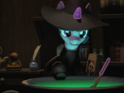 Size: 2304x1728 | Tagged: safe, artist:xafilah, twilight sparkle, pony, unicorn, g4, 3d, book, cauldron, chair, glowing, gmod, hat, horn, indoors, inkwell, quill, solo, source filmmaker, table, teapot, voodoo doll, witch, witch hat