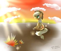 Size: 3000x2500 | Tagged: safe, artist:aquagalaxy, applejack, earth pony, pony, g4, applejack's hat, cloud, cowboy hat, female, freckles, hat, high res, mare, outdoors, scenery, sitting, sky, solo, sunset, tail