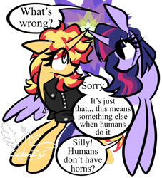 Size: 1233x1359 | Tagged: safe, artist:captainzigo, sunset shimmer, twilight sparkle, alicorn, pony, unicorn, g4, clothes, duo, duo female, female, horn, horns are touching, jacket, lesbian, ship:sunsetsparkle, shipping, simple background, transparent background, twilight sparkle (alicorn)