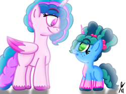 Size: 2160x1620 | Tagged: safe, artist:jesslmc16, misty brightdawn, oc, alicorn, pony, unicorn, family trees, g5, my little pony: make your mark, my little pony: make your mark chapter 5, cute, duo, duo female, female, filly, filly misty brightdawn, foal, freckles, headcanon, horn, looking at each other, looking at someone, mare, misty's mother, mistybetes, signature, simple background, smiling, smiling at each other, unknown pony, white background, younger