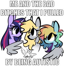 Size: 1585x1618 | Tagged: safe, artist:captainzigo, derpy hooves, rainbow dash, twilight sparkle, pegasus, pony, g4, autism, female, hug, impact font, lesbian, meme, ship:derpydash, ship:twerpy, shipping, simple background, text, transparent background, trio, trio female, winghug, wings