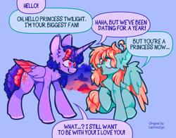 Size: 2048x1606 | Tagged: safe, artist:pastacrylic, derpy hooves, twilight sparkle, alicorn, pegasus, pony, g4, alternate hairstyle, colored wings, colored wingtips, dialogue, dreadlocks, duo, duo female, ethereal mane, female, lesbian, looking at each other, looking at someone, purple text, redraw, shiny hooves, ship:twerpy, shipping, simple background, sky mane, smiling, smiling at each other, speech bubble, starry mane, talking, twilight sparkle (alicorn), two toned wings, wings