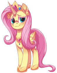 Size: 1458x1872 | Tagged: safe, alternate version, artist:moonseeker, part of a set, fluttershy, alicorn, pony, g4, alicornified, colored eyelashes, crown, female, fluttercorn, folded wings, hoof shoes, horn, jewelry, mare, pink eyelashes, princess fluttershy, princess shoes, race swap, regalia, simple background, solo, transparent background, wings