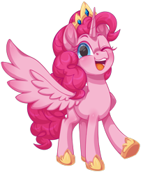 Size: 1632x1986 | Tagged: safe, alternate version, artist:moonseeker, part of a set, pinkie pie, alicorn, pony, g4, alicornified, crown, female, hoof shoes, horn, jewelry, mare, one eye closed, open mouth, open smile, pinkiecorn, princess pinkie pie, princess shoes, race swap, regalia, simple background, smiling, solo, spread wings, transparent background, wings, wink