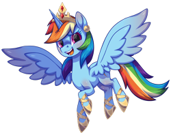 Size: 2384x1857 | Tagged: safe, alternate version, artist:moonseeker, part of a set, rainbow dash, alicorn, pony, g4, alicornified, blushing, crown, female, flying, horn, jewelry, mare, open mouth, open smile, princess rainbow dash, race swap, rainbowcorn, regalia, simple background, smiling, solo, spread wings, transparent background, wings