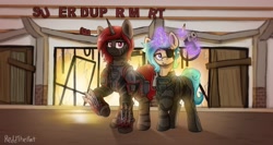 Size: 3348x1787 | Tagged: safe, artist:reddthebat, oc, oc only, oc:natural twenty, oc:spare spade, pony, unicorn, zebra, zebracorn, fallout equestria, armor, blade, blood, duo, duo female, eyepatch, female, glowing, glowing horn, gun, handgun, horn, mare, pistol, signature, zebra oc