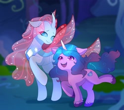 Size: 3526x3126 | Tagged: safe, artist:radiant_toast, izzy moonbow, ocellus, changedling, changeling, pony, unicorn, g4, g5, duo, duo female, female, g4 to g5, generation leap, high res, horn, looking at each other, looking at someone, older, older ocellus, open mouth, open smile, raised hoof, raised leg, smiling, smiling at each other