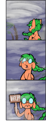 Size: 557x1477 | Tagged: safe, artist:gorebox, oc, oc:morning mimosa, earth pony, pony, 3 panel comic, comic, ears back, floppy ears, florida, help me, hurricane, looney tunes, sign, solo, swirly eyes, wile e coyote