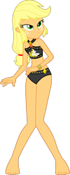 Size: 1733x4313 | Tagged: safe, alternate version, artist:dustinwatsongkx, applejack, human, equestria girls, g4, 2d, bare shoulders, barefoot, belly, belly button, bikini, bikini bottom, bikini top, clothes, clothes swap, feet, female, freckles, geode of empathy, gold, hatless, jewelry, legs, magical geodes, midriff, missing accessory, necklace, simple background, sleeveless, smiling, solo, stars, sun, sunset shimmer's beach shorts swimsuit, swimsuit, swimsuit swap, transparent background, wrist cuffs