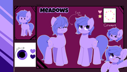 Size: 6000x3428 | Tagged: safe, artist:kittyrosie, oc, oc only, oc:meadows, earth pony, pony, cute, earth pony oc, eyes closed, head, open mouth, purple coat, purple eyes, purple mane, purple tail, reference sheet, solo, tail