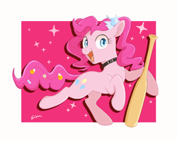 Size: 1700x1358 | Tagged: safe, artist:sion, part of a set, pinkie pie, earth pony, pony, g4, baseball bat, candy, candy corn, candy in hair, collar, female, food, looking at you, mare, open mouth, open smile, passepartout, pet collar, smiling, smiling at you, solo