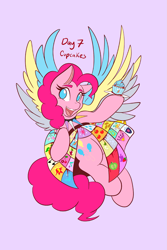 Size: 1365x2048 | Tagged: safe, artist:mscolorsplash, pinkie pie, earth pony, pony, fanfic:cupcakes, g4, clothes, cupcake, cutie mark dress, dress, female, food, horse meat, implied murder, mare, meat, no pupils, open mouth, open smile, ponytober, ponytober 2024, purple background, simple background, smiling, solo