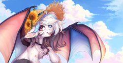 Size: 2669x1380 | Tagged: safe, artist:youthful_road, oc, oc only, bat pony, pony, female, flower, hat, heterochromia, open mouth, open smile, outdoors, raised hoof, sitting, sky, smiling, solo, spread wings, straw hat, sunflower, wings