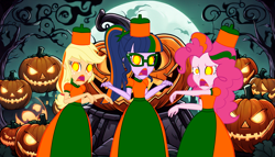 Size: 4844x2768 | Tagged: safe, artist:cartoonmasterv3, applejack, pinkie pie, twilight sparkle, human, undead, zombie, equestria girls, g4, clothes, dress, halloween, halloween 2024, holiday, infected, jack-o-lantern, long dress, long skirt, pumpkin, skirt, trio