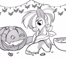 Size: 4096x3623 | Tagged: safe, artist:opalacorn, oc, oc only, earth pony, pony, black and white, female, grayscale, halloween, holiday, jack-o-lantern, knife, mare, monochrome, mouth hold, pumpkin, simple background, solo, white background