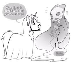 Size: 4096x3672 | Tagged: safe, artist:opalacorn, oc, oc only, oc:logic loop, ghost, ghost pony, pony, unicorn, beard, black and white, clothes, costume, dialogue, duo, emanata, facial hair, ghost costume, grayscale, halloween, halloween costume, horn, male, monochrome, moustache, question mark, speech bubble, stallion