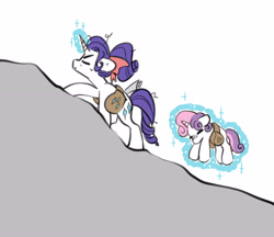 Size: 2981x2572 | Tagged: safe, artist:opalacorn, rarity, sweetie belle, pony, unicorn, g4, bag, belle sisters, bow, cute, duo, duo female, eyes closed, female, filly, foal, glowing, glowing horn, hair bow, hiking, horn, inktober, inktober 2024, levitation, magic, mare, ponytail, saddle bag, sibling love, siblings, simple background, sisterly love, sisters, telekinesis, white background