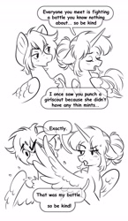 Size: 2377x4096 | Tagged: safe, artist:opalacorn, oc, oc only, oc:asteria, oc:blue skies, pegasus, pony, unicorn, 2 panel comic, artificial wings, augmented, black and white, bust, chest fluff, comic, dialogue, duo, duo male and female, eyes closed, female, floppy ears, grayscale, high res, horn, magic, magic wings, male, mare, monochrome, oc x oc, open mouth, shipping, simple background, speech bubble, stallion, straight, white background, wings