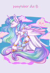 Size: 1984x2880 | Tagged: safe, artist:zackchibi, princess celestia, alicorn, pony, g4, clothes, eyes closed, female, high res, laurel wreath, leonine tail, mare, ponytober, ponytober 2024, solo, tail, toga, unshorn fetlocks, wing ears, winged hooves, wings