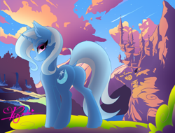 Size: 5680x4320 | Tagged: safe, artist:roushe, trixie, pony, unicorn, g4, absurd resolution, bust, butt, equestria, female, full body, horn, looking at each other, looking at someone, looking at you, looking back, magic, mare, outdoors, plot, purple eyes, rear view, sexy, sketch, solo, tail, the great and powerful ass