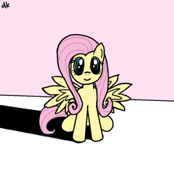 Size: 800x800 | Tagged: safe, artist:dkwzurt, fluttershy, pegasus, pony, g4, cute, female, looking at you, mare, pink background, pixel-crisp art, shadow, shyabetes, simple background, sitting, smiling, solo, spread wings, wings