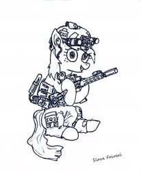 Size: 1552x1888 | Tagged: artist needed, source needed, safe, earth pony, pony, goggles, gun, helmet, monochrome, night vision goggles, rifle, smiling, solo, special forces, tactical, traditional art, weapon