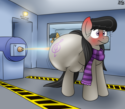 Size: 2109x1851 | Tagged: safe, artist:the-furry-railfan, octavia melody, oc, oc:twintails, earth pony, pegasus, pony, g4, beam, blushing, blushing profusely, butt expansion, clothes, cyclotron, duo, ear blush, growth, huge butt, indoors, inflation, large butt, scarf, striped scarf, surprised, wide hips