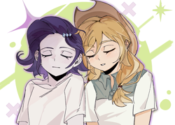 Size: 1817x1299 | Tagged: safe, artist:gewenshidaixishizhibao, applejack, rarity, human, g4, abstract background, duo, duo female, eyes closed, female, humanized, lesbian, ship:rarijack, shipping, sleeping, younger