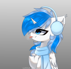 Size: 2644x2562 | Tagged: oc name needed, safe, artist:lunylin, oc, oc only, alicorn, pony, :p, alicorn oc, chest fluff, clothes, ear fluff, earmuffs, eyebrows, eyebrows visible through hair, female, folded wings, gradient background, high res, horn, mare, scarf, signature, solo, tongue out, wings