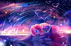 Size: 3000x1941 | Tagged: safe, artist:aquagalaxy, maud pie, pinkie pie, earth pony, pony, g4, color porn, cute, duo, duo female, eye contact, female, heart, holiday, looking at each other, looking at someone, lying down, mare, pie sisters, prone, siblings, sisters, sky, smiling, stars, valentine, valentine's day