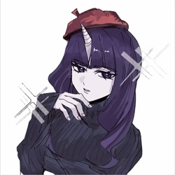 Size: 1080x1082 | Tagged: safe, artist:gewenshidaixishizhibao, rarity, human, g4, beret, bust, clothes, hat, horn, horned humanization, humanized, simple background, solo, sweater, white background