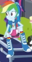 Size: 542x1045 | Tagged: safe, screencap, rainbow dash, human, equestria girls, g4, get the show on the road, my little pony equestria girls: summertime shorts, bike shorts, clothes, cropped, offscreen character, skirt, solo focus, spread legs, spreading, upskirt