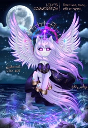 Size: 1430x2066 | Tagged: safe, artist:liliart1211, oc, alicorn, pony, clothes, commission, commission open, digital art, digital painting, dress, flying, goddess, illustration, magic, night, ocean, outdoors, princess, smiling, stars, water