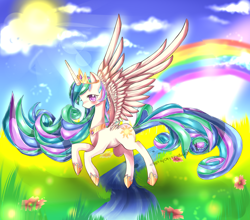 Size: 2500x2200 | Tagged: safe, artist:aquagalaxy, princess celestia, alicorn, pony, g4, cloud, crown, female, grass, high res, hoof shoes, horn, jewelry, large wings, mare, outdoors, peytral, princess shoes, rainbow, regalia, sky, solo, spread wings, sun, wings