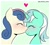 Size: 2048x1827 | Tagged: safe, artist:eltrash_art6, bon bon, lyra heartstrings, sweetie drops, earth pony, pony, unicorn, g4, adorabon, blushing, cute, duo, duo female, eyes closed, female, green background, heart, horn, international lesbian day, kissing, lesbian, lyrabetes, mare, ship:lyrabon, shipping, simple background