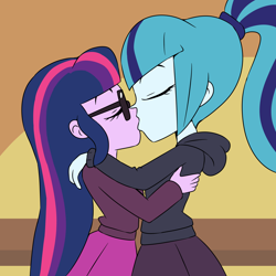 Size: 1800x1800 | Tagged: safe, artist:lirudraw, sci-twi, sonata dusk, twilight sparkle, human, equestria girls, g4, clothes, duo, eyes closed, female, glasses, holding, hoodie, kiss on the lips, kissing, lesbian, loose hair, ship:sci-twinata, ship:twinata, shipping, shirt, skirt, sweater