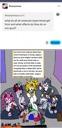 Size: 1174x2400 | Tagged: safe, artist:ask-luciavampire, oc, oc:alastor razor, oc:alex breeze, oc:marble gem, oc:natsu dawn, oc:scarlet evening, oc:sera bella, earth pony, pegasus, pony, undead, unicorn, vampire, vampony, ask, blood, horn, tumblr, tumblr:ask-rosesociety-vampires