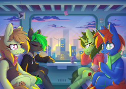 Size: 3508x2480 | Tagged: safe, artist:wavecipher, oc, oc only, oc:bytewave, oc:cyberpon3, oc:thorn rose, earth pony, pegasus, pony, unicorn, city, cityscape, clothes, commission, eyes closed, hoodie, horn, indoors, open mouth, scarf, shoes, sitting, socks, striped socks, thigh highs, train, window