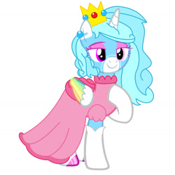 Size: 1280x1275 | Tagged: safe, artist:brightstar40k, oc, oc only, oc:jemimasparkle, alicorn, pony, base used, clothes, crown, cute, dress, evening gloves, eyeshadow, female, gloves, gown, jewelry, lidded eyes, long gloves, makeup, mare, ocbetes, princess peach, regalia, simple background, solo, super mario bros., white background