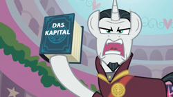 Size: 637x358 | Tagged: safe, edit, edited screencap, screencap, chancellor neighsay, pony, unicorn, g4, my little pony: friendship is magic, school raze, season 8, book, das kapital, horn, solo, this will end in communism