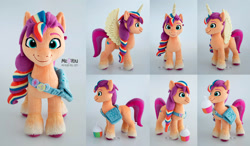 Size: 2053x1200 | Tagged: safe, artist:meplushyou, sunny starscout, alicorn, pony, g5, alicornified, bag, drink, female, fluttershy's cutie mark, irl, looking at you, mare, multiple views, photo, plushie, race swap, rainbow dash's cutie mark, shoulder bag, smoothie, solo, sunnycorn, twilight sparkle's cutie mark