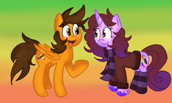 Size: 1462x877 | Tagged: safe, artist:cloud22, oc, oc only, pegasus, unicorn, clothes, duo, female, freckles, gradient background, horn, mare, nonbinary, pegasus oc, scarf, socks, striped scarf, striped socks, unicorn oc