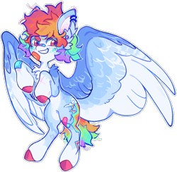 Size: 1316x1285 | Tagged: safe, artist:sevenpillz, rainbow dash, pegasus, pony, g4, alternate cutie mark, alternate design, alternate hairstyle, alternate tailstyle, bandage, bandaid, bandaid on nose, beanbrows, big ears, blushing, cascading cutie mark, chest fluff, coat markings, colored belly, colored eyebrows, colored eyelashes, colored hooves, colored pinnae, colored wings, colored wingtips, cute, dashabetes, doodle, ear blush, ear fluff, ear piercing, earring, eyebrows, facial markings, fangs, fluffy mane, fluffy tail, freckledash, freckles, full body, gauges, green eyelashes, grin, hips, hooves, human shoulders, jewelry, large wings, looking away, looking to the left, mealy mouth (coat marking), multicolored wings, narrowed eyes, pale belly, partially open wings, piercing, pink hooves, rearing, red hooves, scrapes, short hair rainbow dash, short mane, short tail, shoulder fluff, simple background, slender, smiling, socks (coat markings), solo, tail, teeth, thin, transparent background, white wingtips, wings