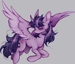 Size: 754x638 | Tagged: safe, artist:sevenpillz, twilight sparkle, alicorn, pony, g4, bangs, big ears, colored eyebrows, colored wings, colored wingtips, curved horn, ear fluff, eyelashes, female, fluffy, frown, gray background, horn, kneeling, lidded eyes, long mane, long tail, looking at you, mare, messy mane, messy tail, profile, purple wingtips, shiny mane, shiny tail, simple background, solo, spread wings, tail, thick eyebrows, twilight sparkle (alicorn), two toned wings, unicorn horn, wings