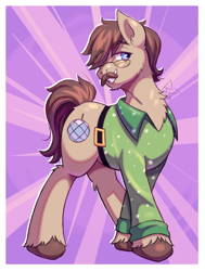 Size: 1709x2261 | Tagged: safe, artist:bkiltersot, dance fever, earth pony, pony, g4, belt, glasses, green shirt, looking at you, male, passepartout, purple background, scene interpretation, solo, stallion, unshorn fetlocks