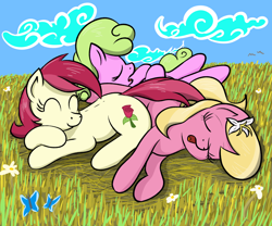 Size: 1462x1217 | Tagged: safe, artist:eels, daisy, flower wishes, lily, lily valley, roseluck, pony, g4, cuddle puddle, cuddling, cute, daaaaaaaaaaaw, female, flower trio, mare, pony pile, sleeping, trio, trio female