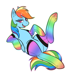 Size: 1000x1000 | Tagged: safe, artist:twoshoesmcgee, rainbow dash, pegasus, pony, g4, blush lines, blushing, clothes, featureless crotch, female, leg in air, looking at you, lying down, mare, on back, rainbow socks, relaxed, simple background, smiling, smiling at you, socks, solo, striped socks, thigh highs, transparent background